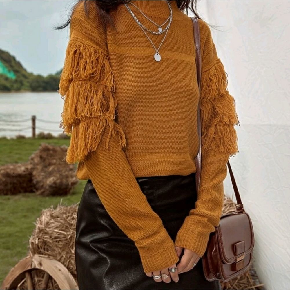 Fringe Trim Drop Shoulder Sweater